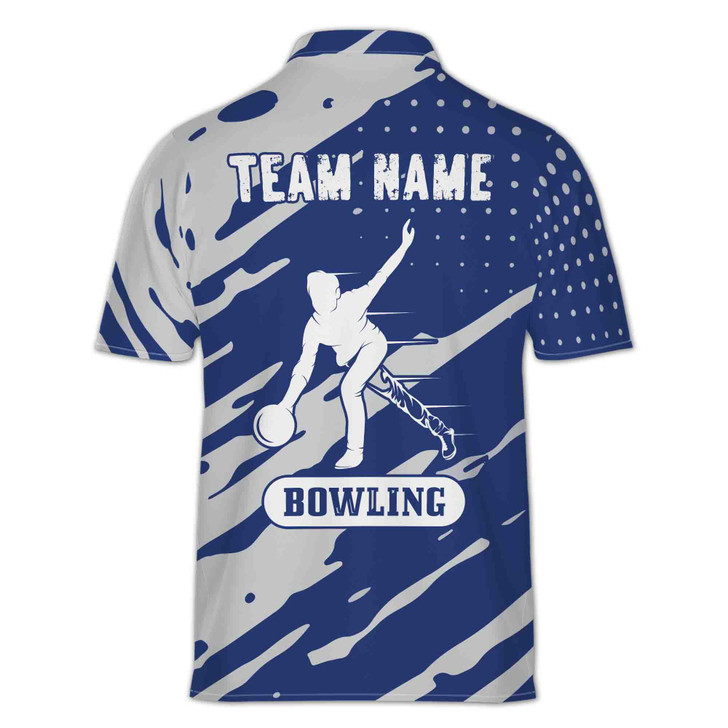 Custom Name Bowling Team Player Ball Dots Splashes Pattern Blue Gray Zipper Polo S-5XL