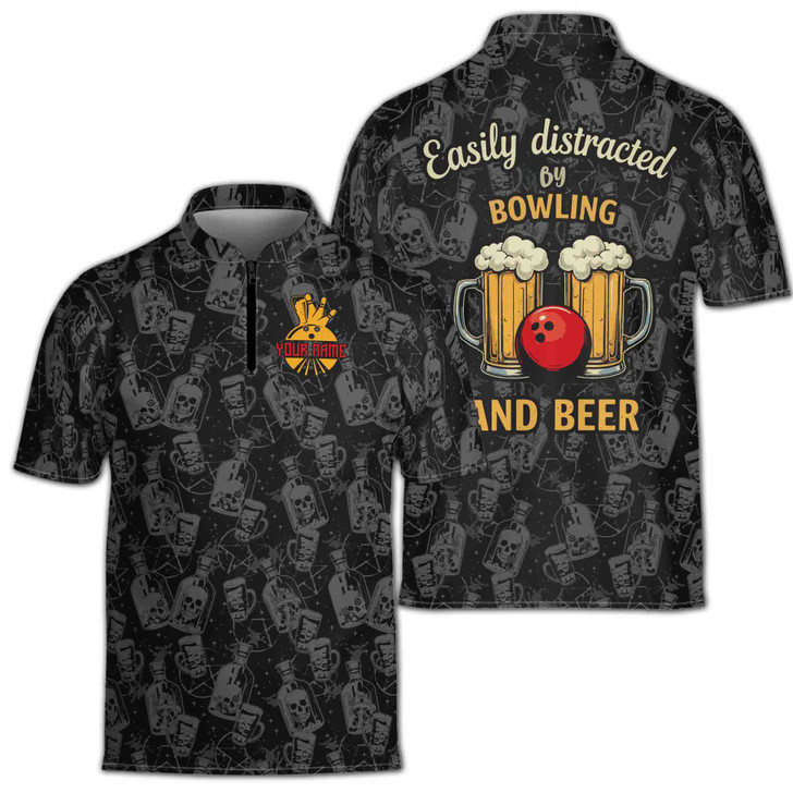 Custom Name Easilly Distracted By Bowling And Beer Skulls Pattern Black Zipper Polo S-5XL