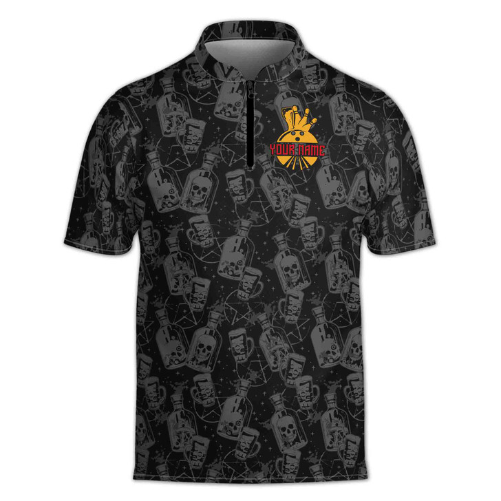 Custom Name Easilly Distracted By Bowling And Beer Skulls Pattern Black Zipper Polo S-5XL