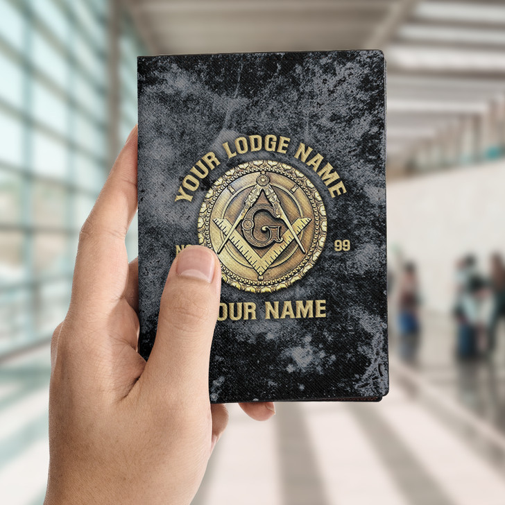 Customized Masonic Emblem Freemasonry Black Gold Leather Passport Wallet