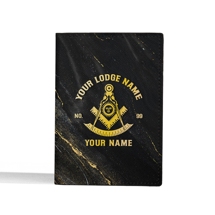 Customized Past Master Symbol Freemasonry Black Gold Leather Passport Wallet