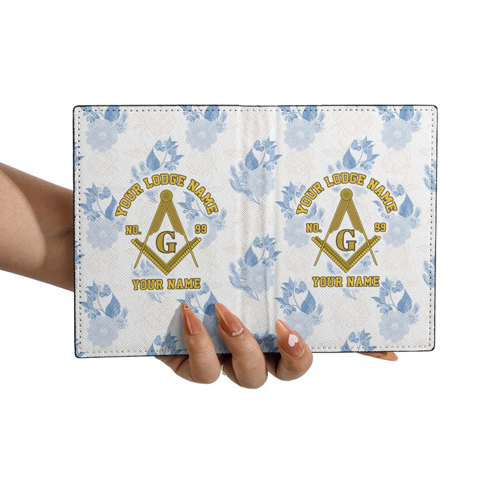Custom Masonic Floral White Blue Gold Leather Passport Wallet