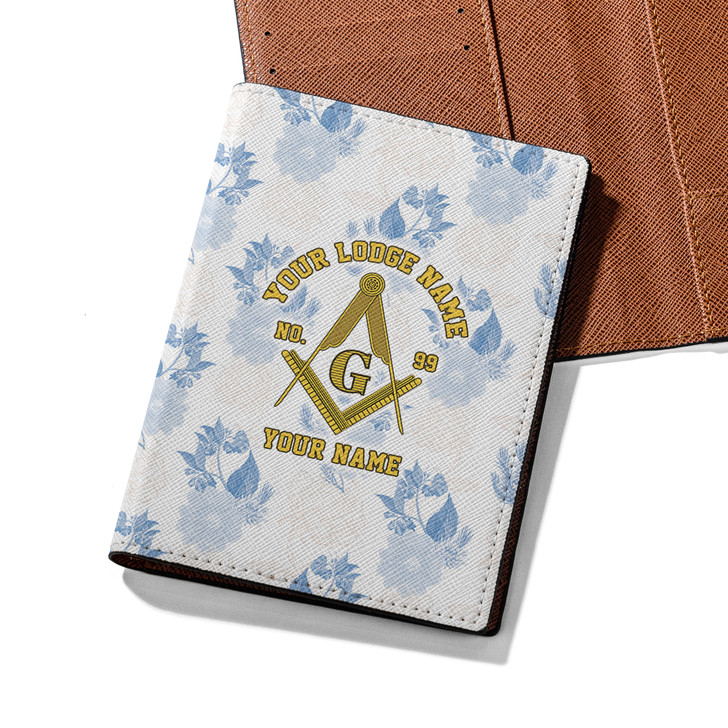 Custom Masonic Floral White Blue Gold Leather Passport Wallet