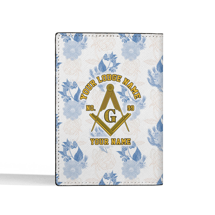 Custom Masonic Floral White Blue Gold Leather Passport Wallet