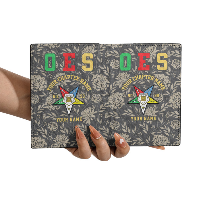 Customized OES Symbol Freemasonry Floral Gray Beige Leather Passport Wallet