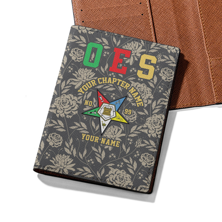 Customized OES Symbol Freemasonry Floral Gray Beige Leather Passport Wallet