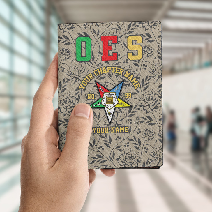 Custom OES Floral Vines Gray Beige Leather Passport Wallet