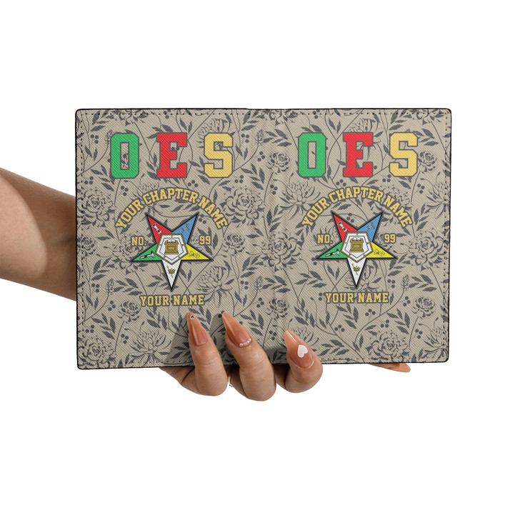 Custom OES Floral Vines Gray Beige Leather Passport Wallet