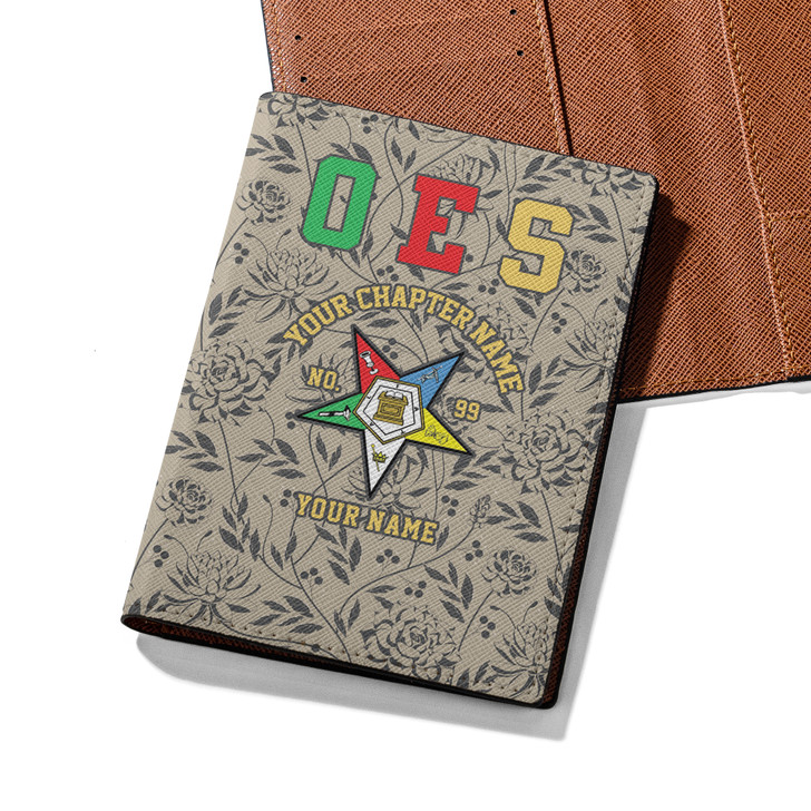 Custom OES Floral Vines Gray Beige Leather Passport Wallet