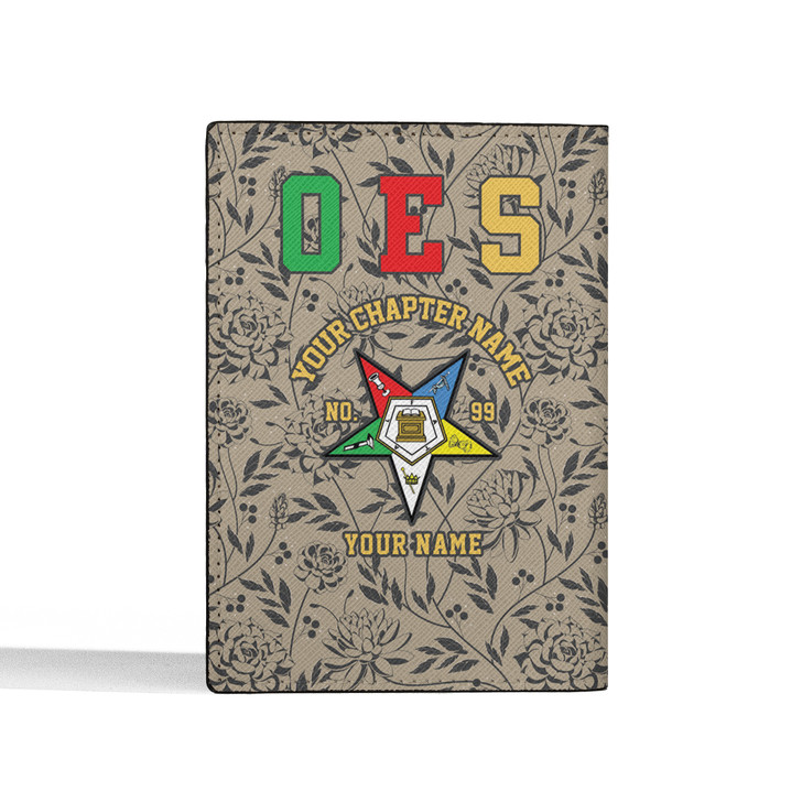Custom OES Floral Vines Gray Beige Leather Passport Wallet