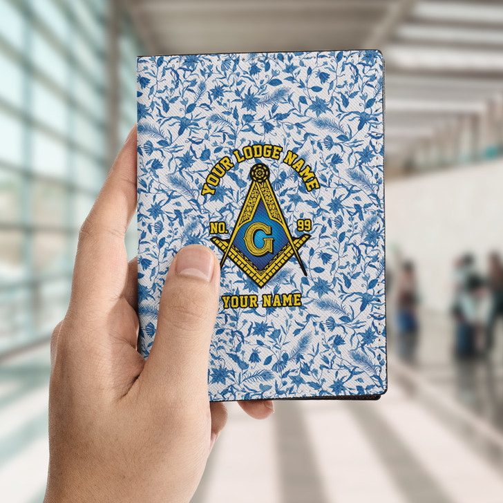 Custom Masonic Floral Leaves White Blue Leather Passport Wallet