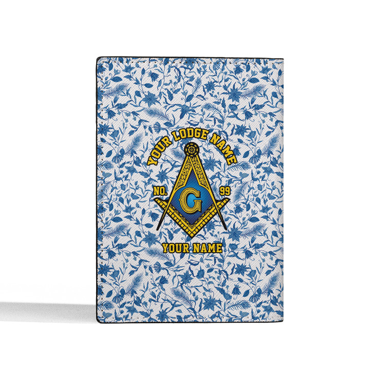 Custom Masonic Floral Leaves White Blue Leather Passport Wallet