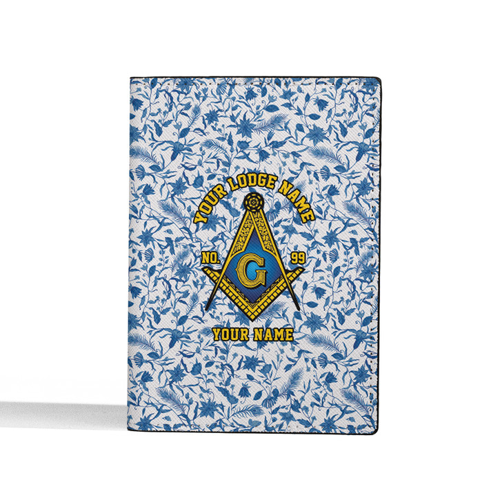 Custom Masonic Floral Leaves White Blue Leather Passport Wallet