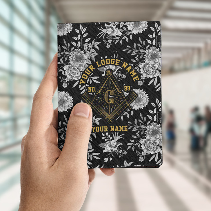 Custom Masonic Floral Black White Leather Passport Wallet