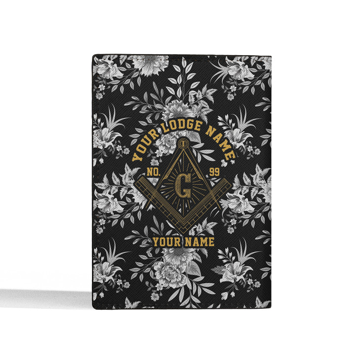 Custom Masonic Floral Black White Leather Passport Wallet