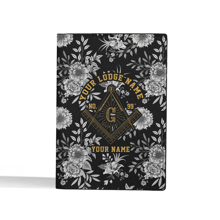 Custom Masonic Floral Black White Leather Passport Wallet