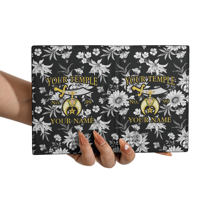 Custom Shriners Floral Black White Leather Passport Wallet
