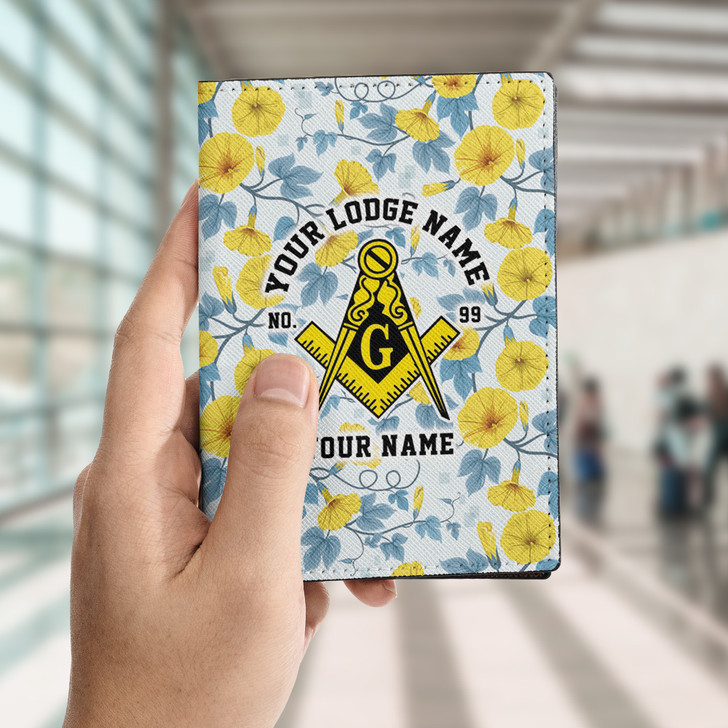 Custom Masonic Floral White Yellow Leather Passport Wallet