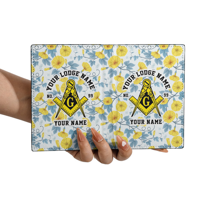 Custom Masonic Floral White Yellow Leather Passport Wallet