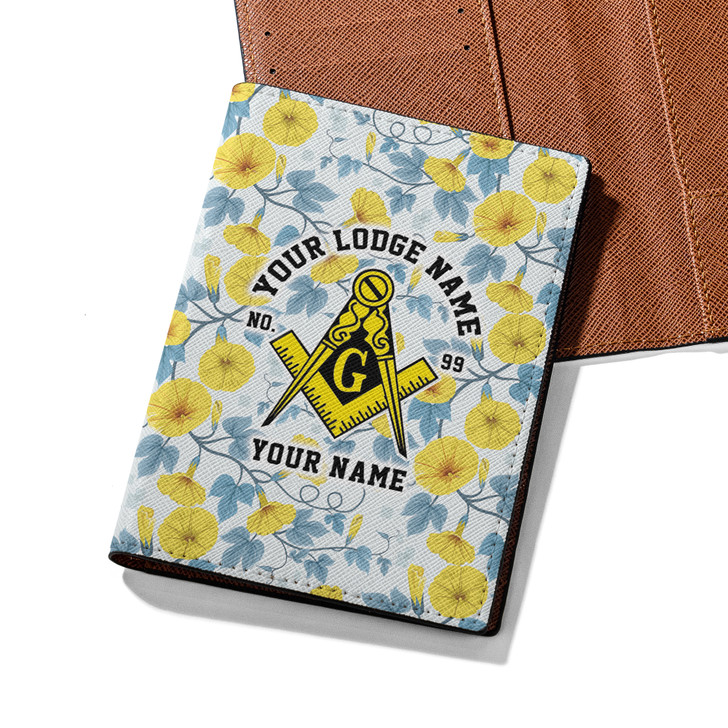 Custom Masonic Floral White Yellow Leather Passport Wallet