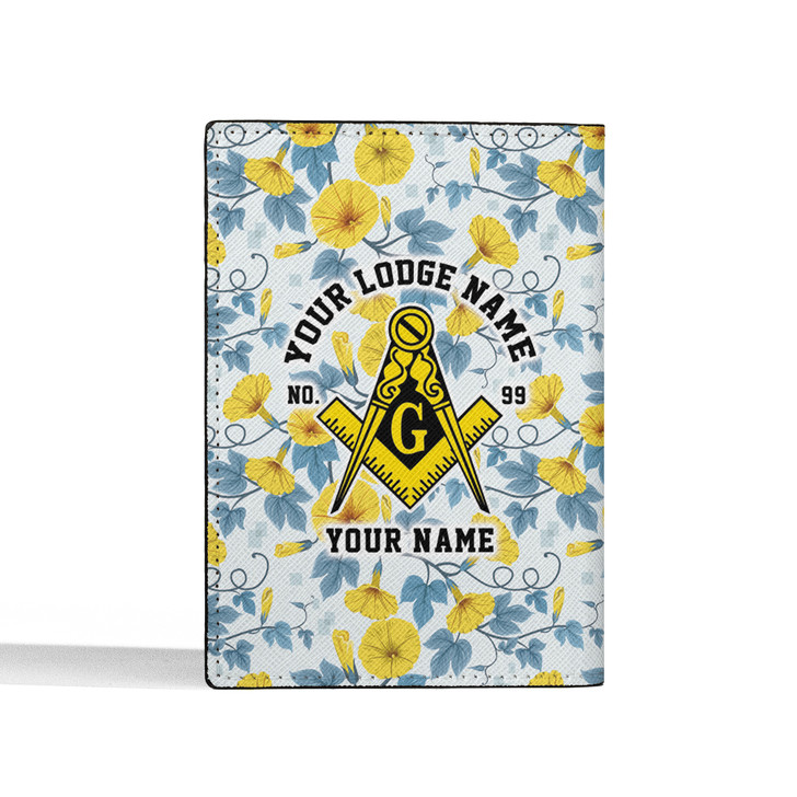 Custom Masonic Floral White Yellow Leather Passport Wallet