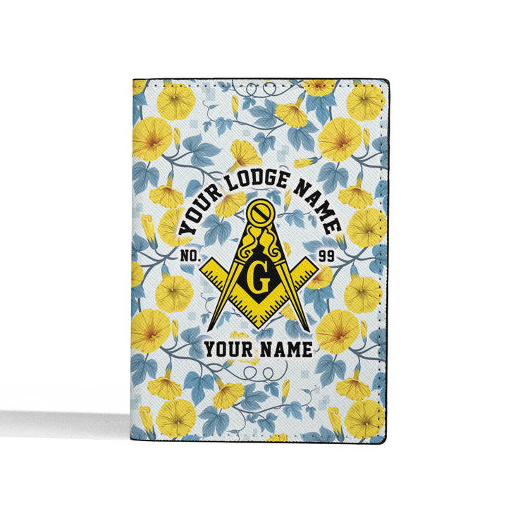 Custom Masonic Floral White Yellow Leather Passport Wallet