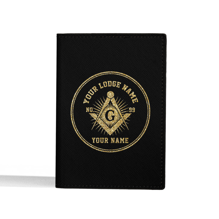 Custom Masonic Radiant Black Gold Leather Passport Wallet