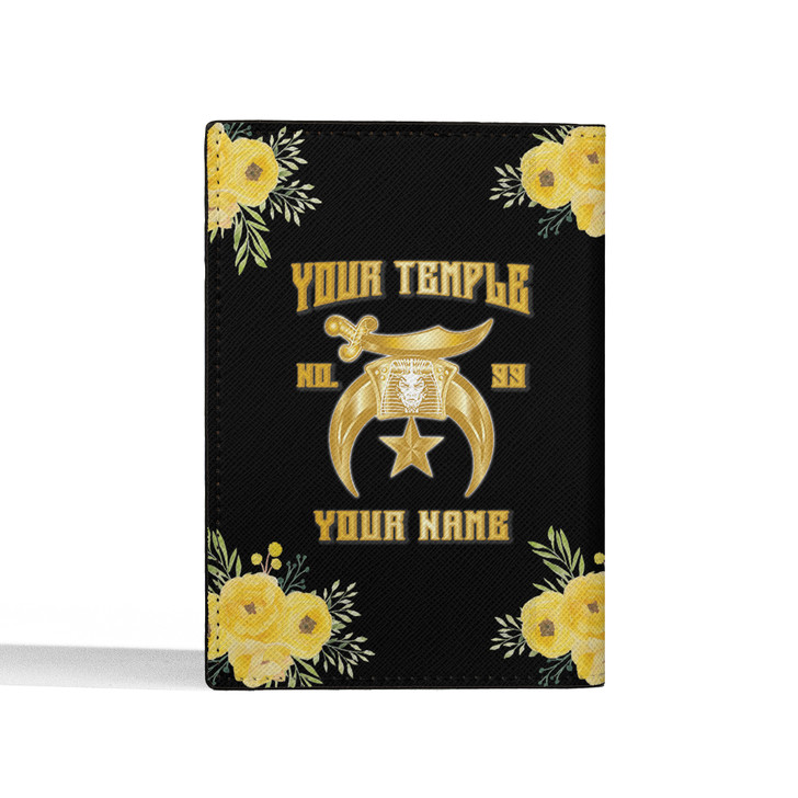 Custom Shriners Floral Black Yellow Leather Passport Wallet
