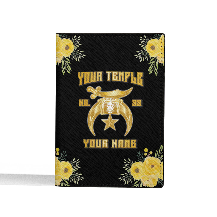 Custom Shriners Floral Black Yellow Leather Passport Wallet