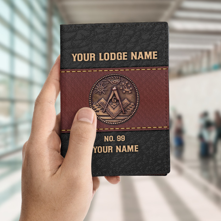 Custom Name Masonic Bronze Symbol Sun Moon Eye Red Black Leather Passport Wallet