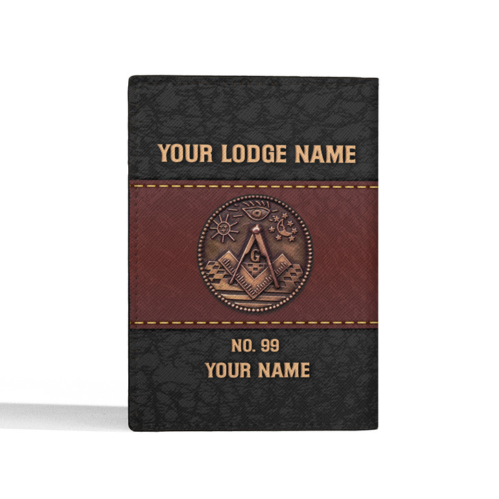 Custom Name Masonic Bronze Symbol Sun Moon Eye Red Black Leather Passport Wallet