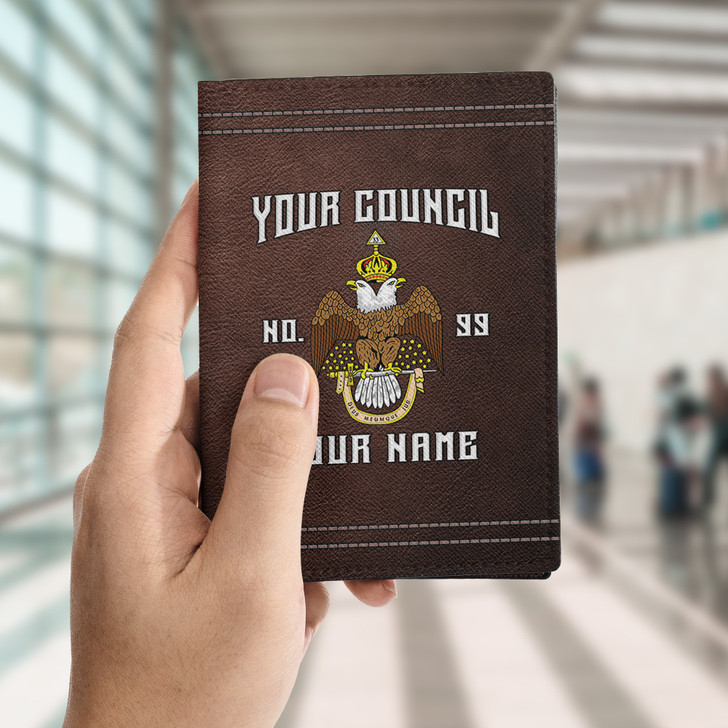 Custom Name Wings Down Scottish Rite 33 Degree Brown Leather Passport Wallet