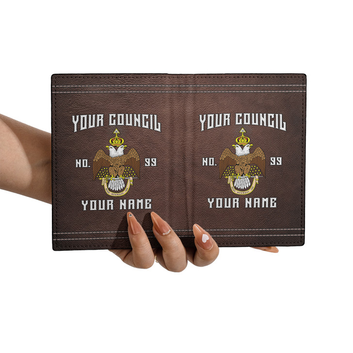 Custom Name Wings Down Scottish Rite 33 Degree Brown Leather Passport Wallet