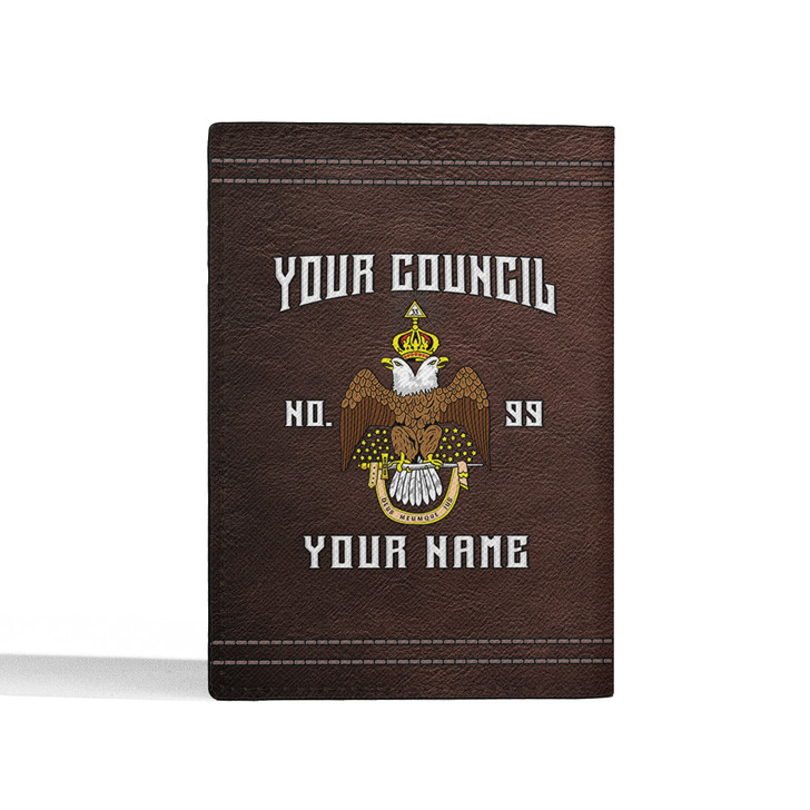 Custom Name Wings Down Scottish Rite 33 Degree Brown Leather Passport Wallet