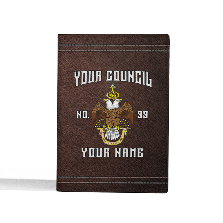 Custom Name Wings Down Scottish Rite 33 Degree Brown Leather Passport Wallet