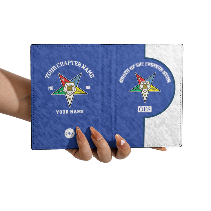 Custom Name Order Of The Eastern Star Symbol White Blue Leather Passport Wallet