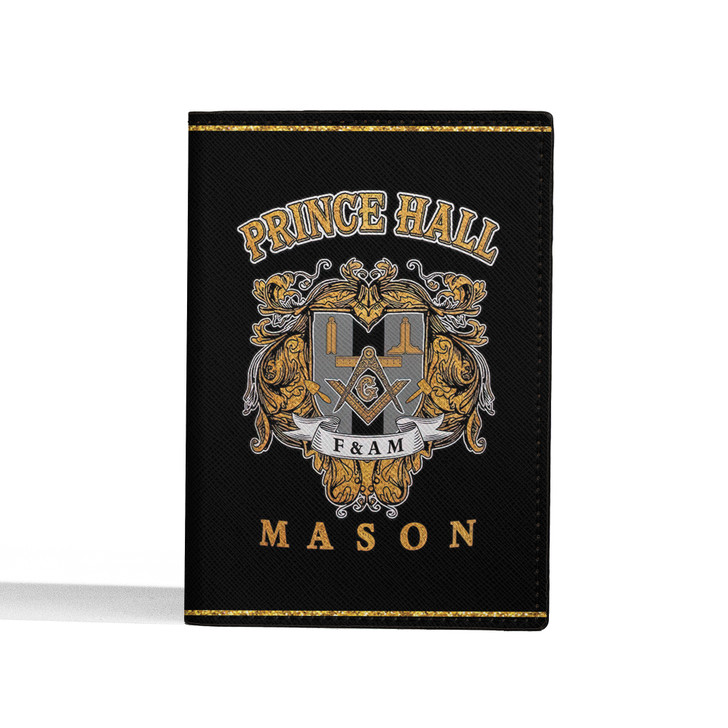 Custom Name Masonic Prince Hall Symbol Black Gold Leather Passport Wallet