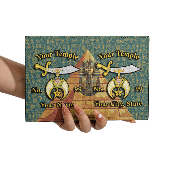 Custom Name Shriners Pyramid Egyptian Pattern Green Leather Passport Wallet