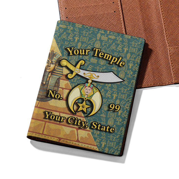 Custom Name Shriners Pyramid Egyptian Pattern Green Leather Passport Wallet