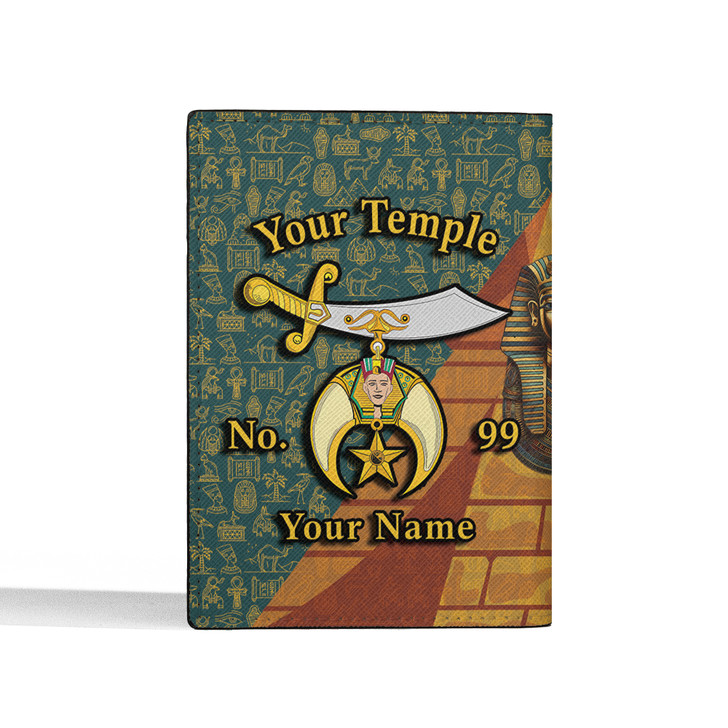 Custom Name Shriners Pyramid Egyptian Pattern Green Leather Passport Wallet