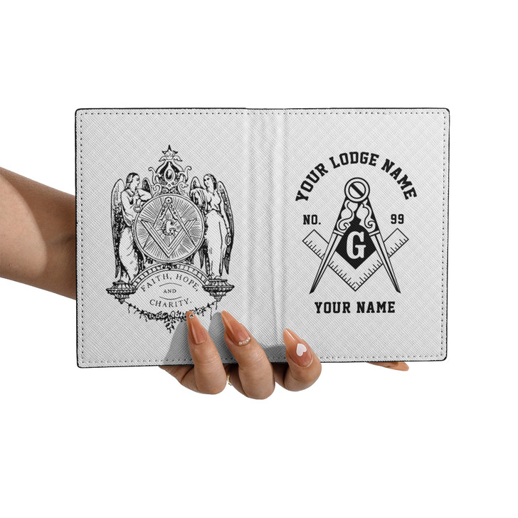 Custom Masonic Symbol Faith Hope Charity Angels White Leather Passport Wallet
