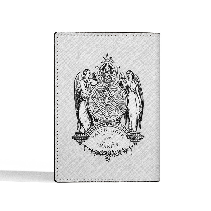 Custom Masonic Symbol Faith Hope Charity Angels White Leather Passport Wallet