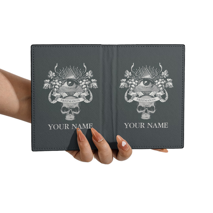 Custom Masonic Pyramid Grape Skull All Seeing Eye Black Leather Passport Wallet