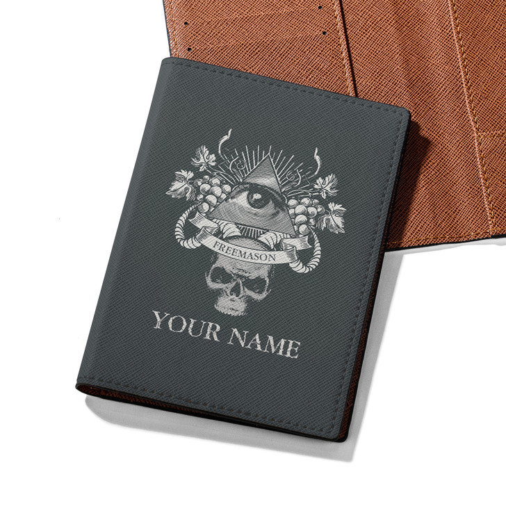 Custom Masonic Pyramid Grape Skull All Seeing Eye Black Leather Passport Wallet