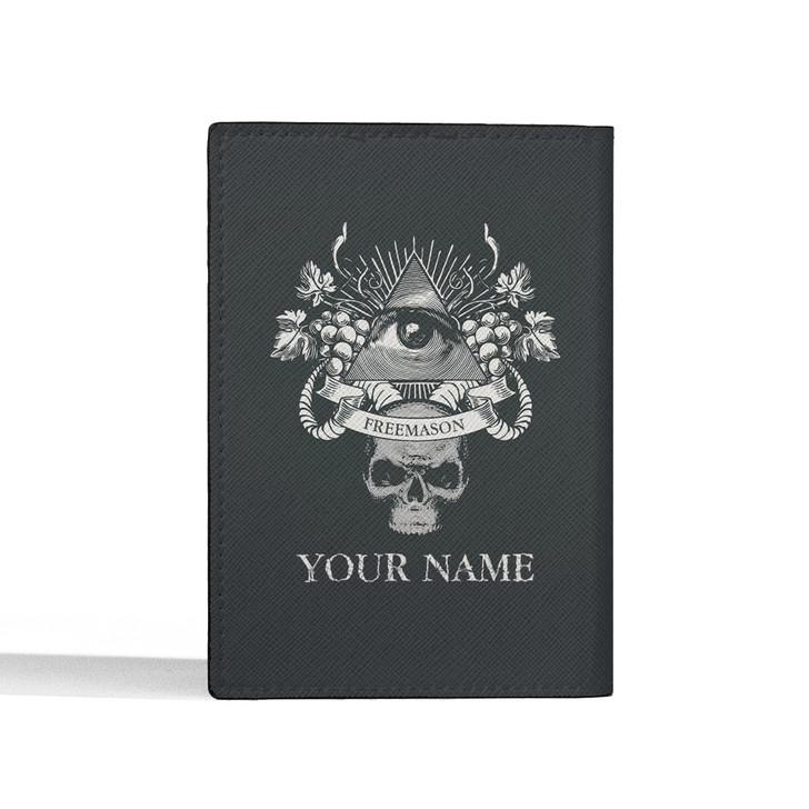Custom Masonic Pyramid Grape Skull All Seeing Eye Black Leather Passport Wallet