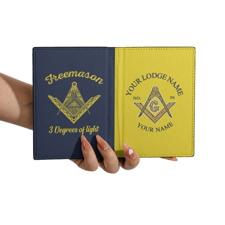 Custom Masonic Symbol 3 Degree Of Light Yellow Dark Blue Leather Passport Wallet