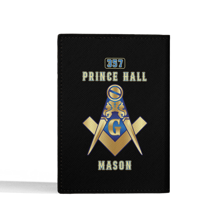 Custom Masonic Symbol Golden 357 Prince Hall Black Leather Passport Wallet