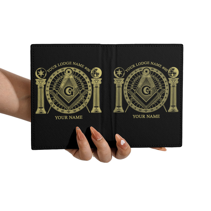 Custom Masonic Symbol Mason Globe Pillars Black Yellow Leather Passport Wallet