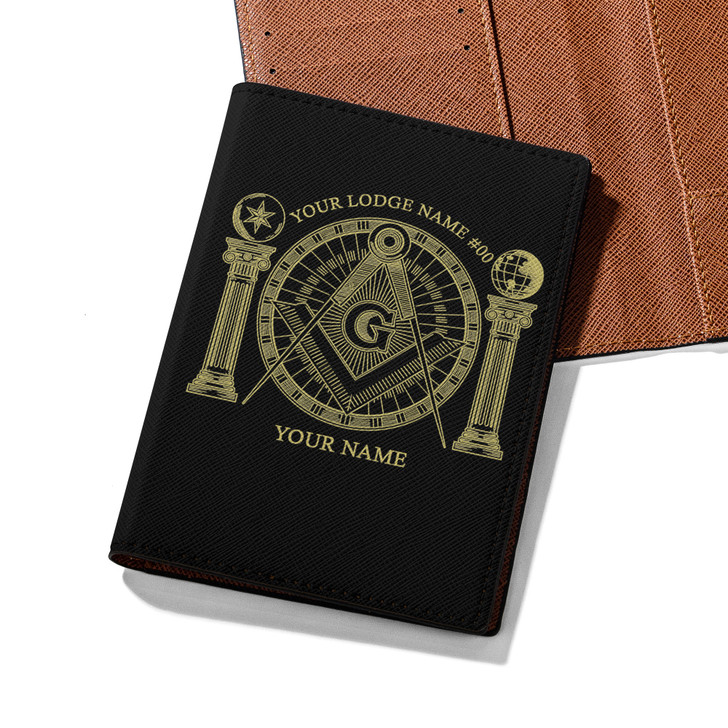 Custom Masonic Symbol Mason Globe Pillars Black Yellow Leather Passport Wallet