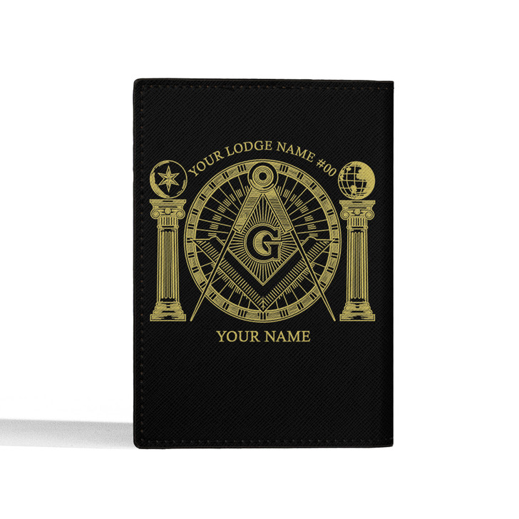 Custom Masonic Symbol Mason Globe Pillars Black Yellow Leather Passport Wallet